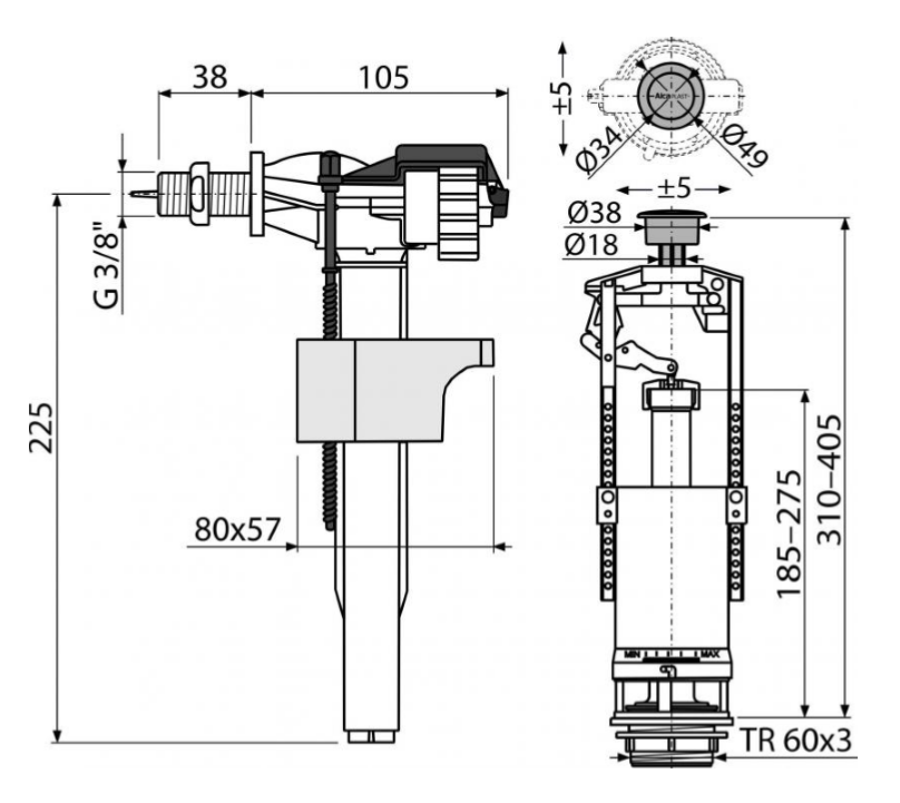 Комплект арматуры, боковой 3/8" с метал. резьбой (Alca PLAST)
