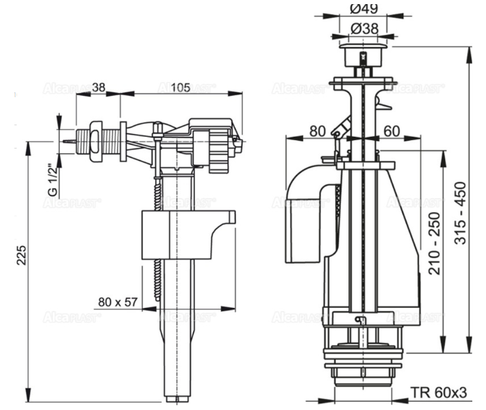 Комплект арматуры боковой 1/2" 2-ой кнопкой Металл  (ALCA PLAST) /SA08 АK