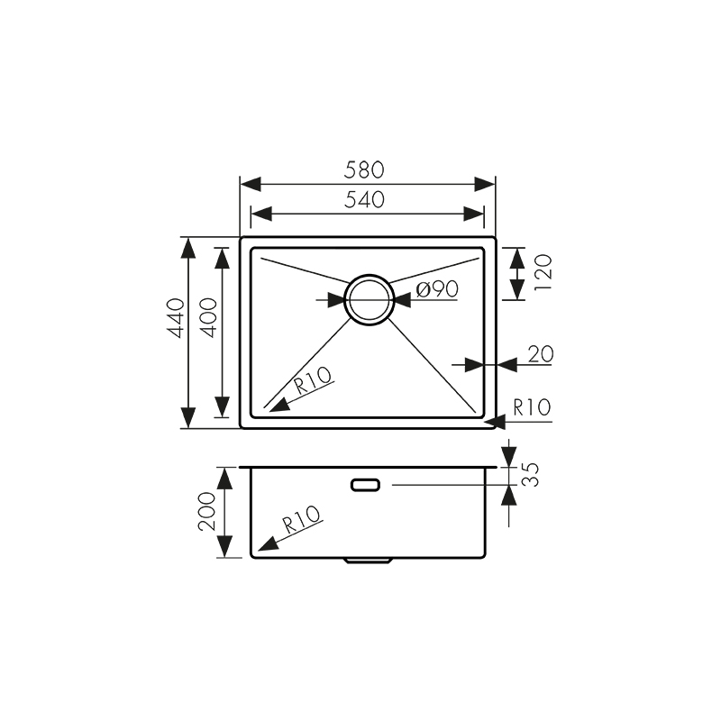 Мойка из нержавейки KAISER 580x440x200*2.0+1.2mm (воронёная сталь) /сифон