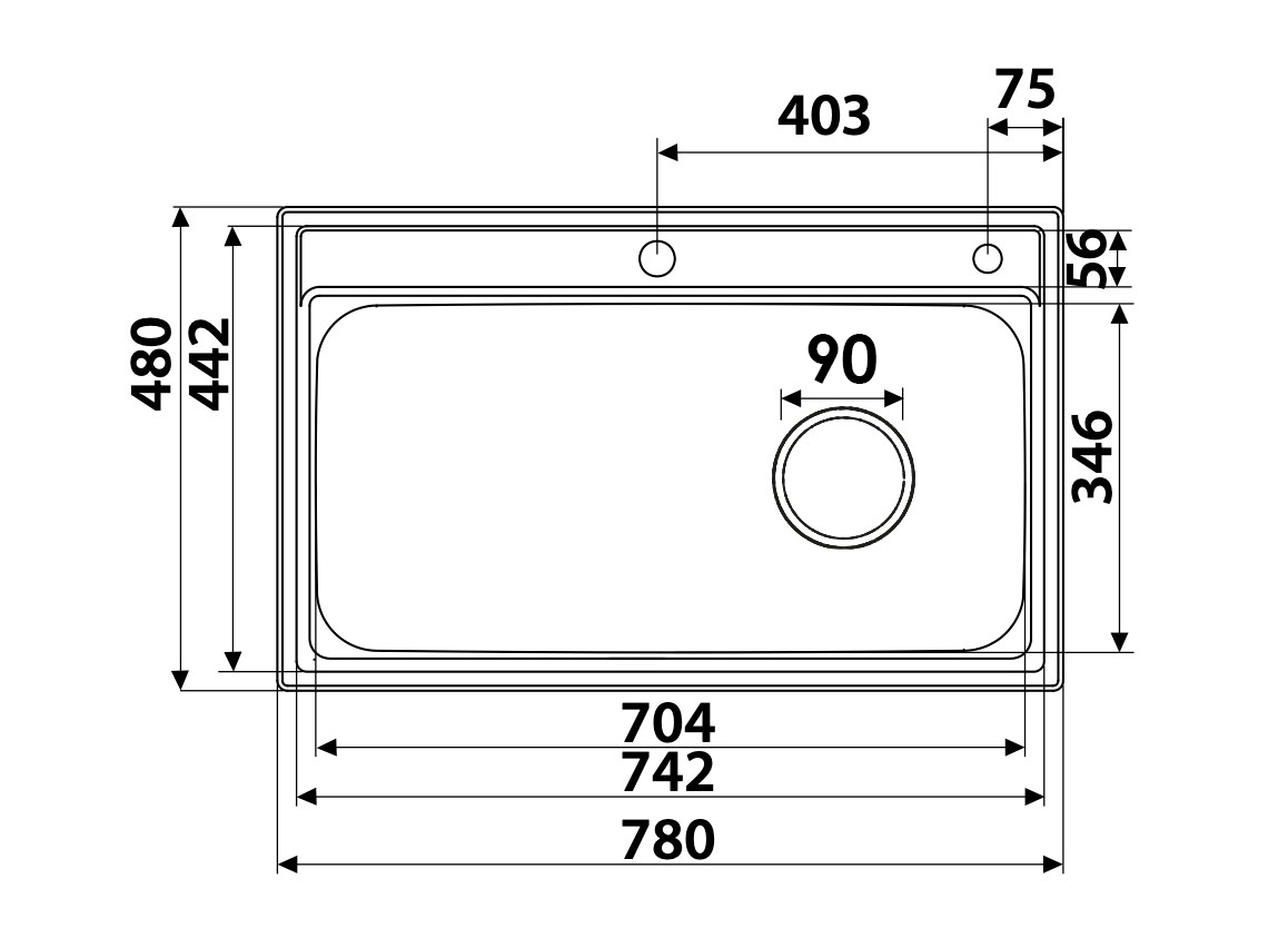 Мойка из нержавейки KAISER 780x480x230*0,8mm (цвет покрытия: сталь)/сифон