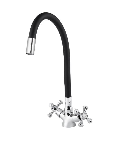 Смеситель VIKO кухня крест керамика с черным гибким изливом с гайкой 