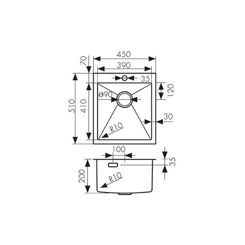 Мойка из нержавейки KAISER 450x510x200*3.0+1.2mm (цвет покрытия: сталь) /сифон