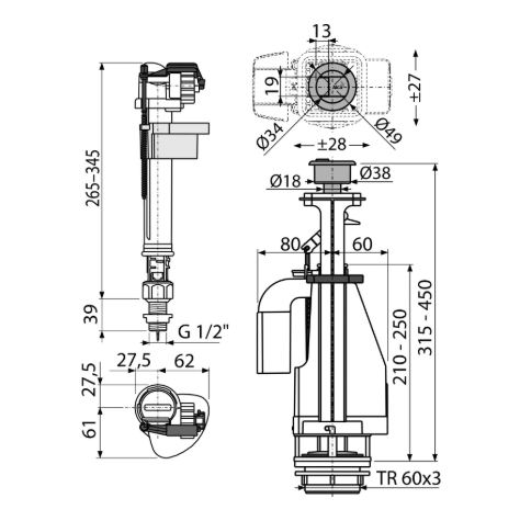Комплект арматуры нижний 1/2" 2-ой кнопкой Металл (Alca PLAST) /SA08 ASK 