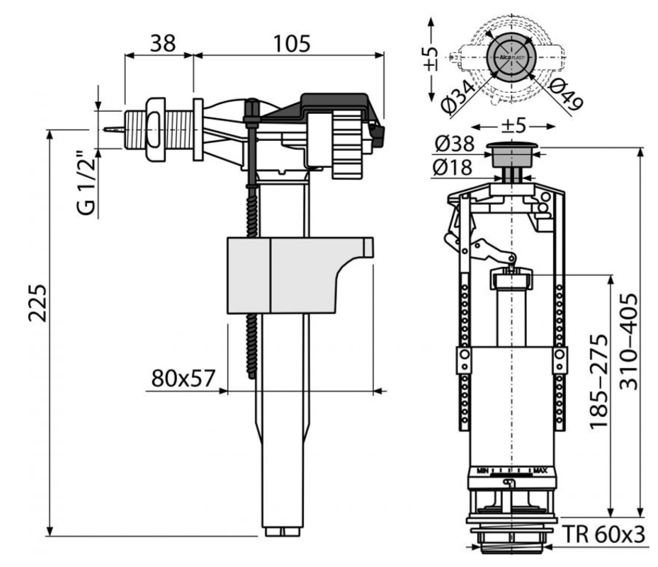 Комплект арматуры, боковой 1/2" с метал. резьбой (Alca PLAST)