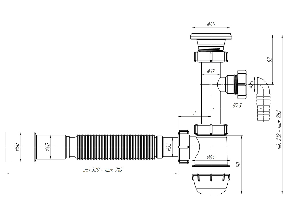 Сифон с носиком Ани 1-1/4" х 32 "Юнг" с гофрой 32*40/50 