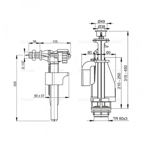 Комплект арматуры боковой 1/2" 2-ой кнопкой Металл  (ALCA PLAST) /SA08 АK