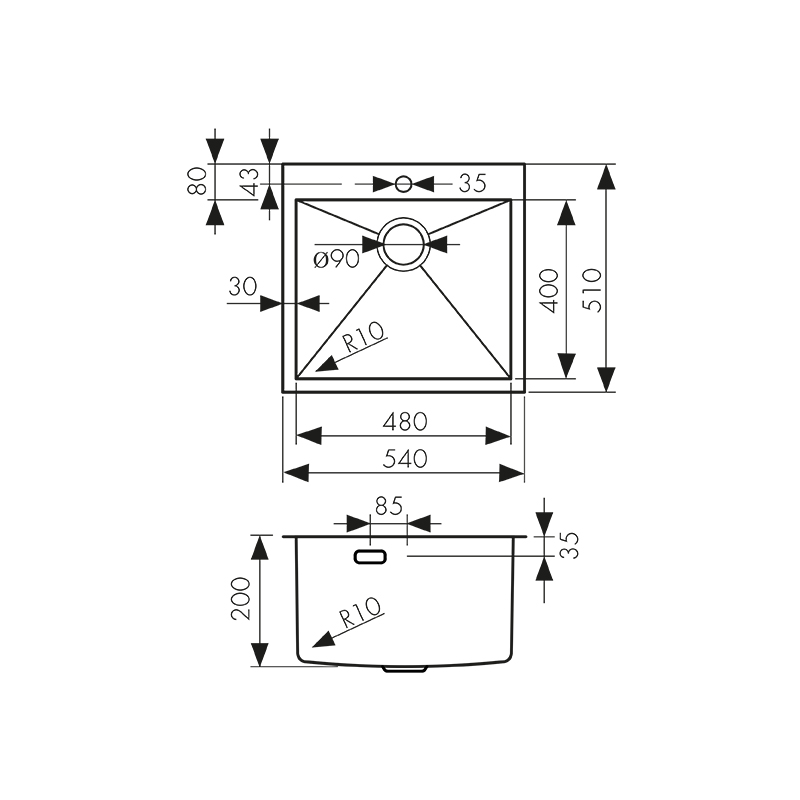 Мойка из нержавейки KAISER 540x510x200*3.0+1.2mm (воронёная сталь) /сифон