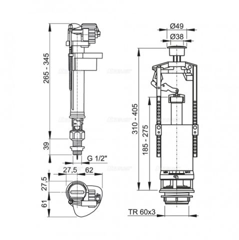 Комплект арматуры, боковой 1/2" с метал. резьбой (Alca PLAST)