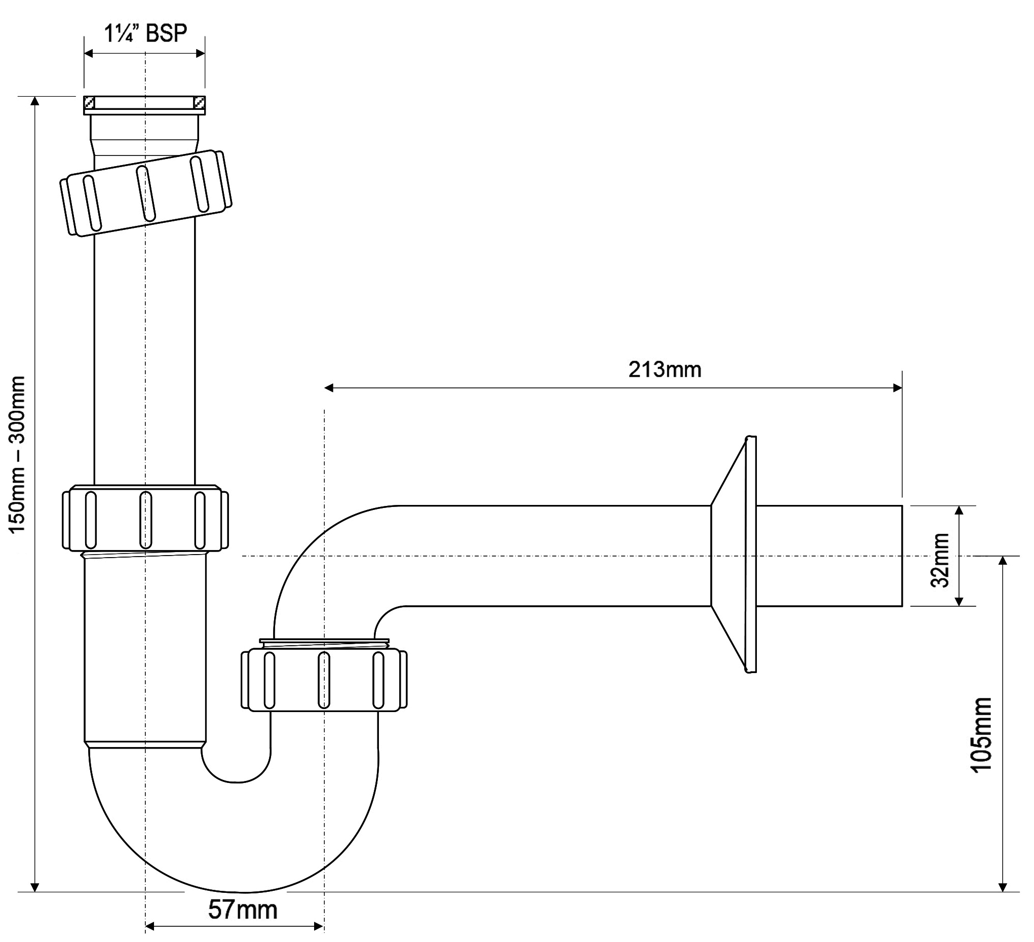 Сифон трубный "McALPINE" Ф32 - 1 1/4, без выпуска