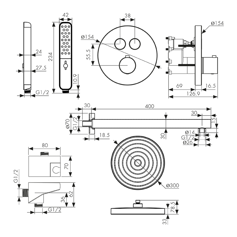 Душевая система встариваемая с термостатом KAISER Sano 08277-3, шлифованное золото, латунь