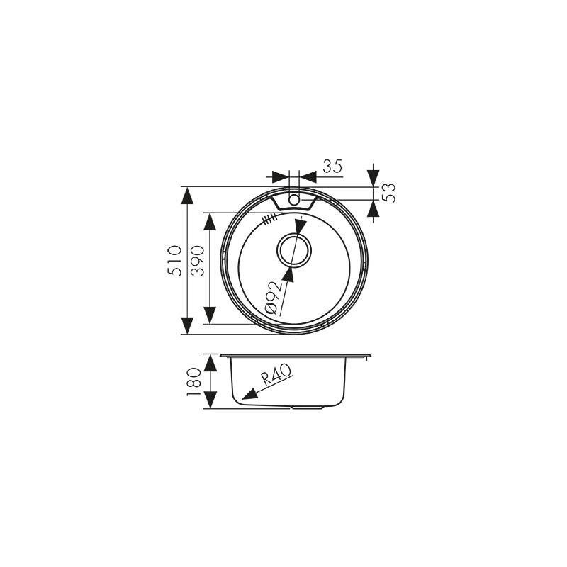 Мойка из нержавейки "KAISER" (круглая) врезная Ø510x180*0.8mm хром/сифон