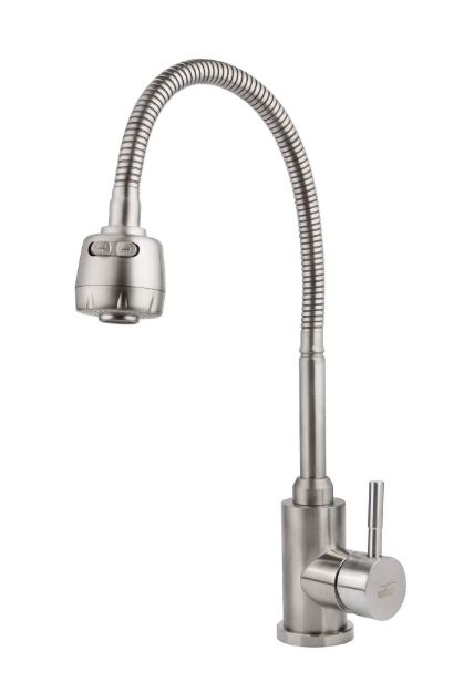 Смеситель VIKO кухня боковой с  гибким изливом Ø35 с гайкой (нерж. сталь)/серебро