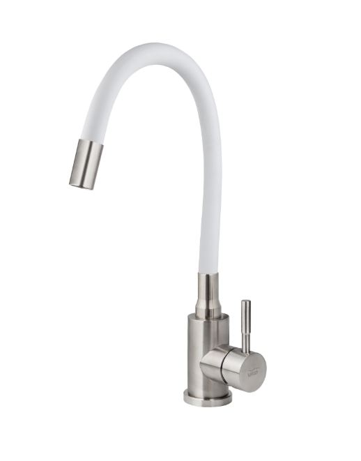 Смеситель VIKO кухня боковой с белым гибким изливом Ø35 с гайкой, (нерж. сталь), корпус: серебро