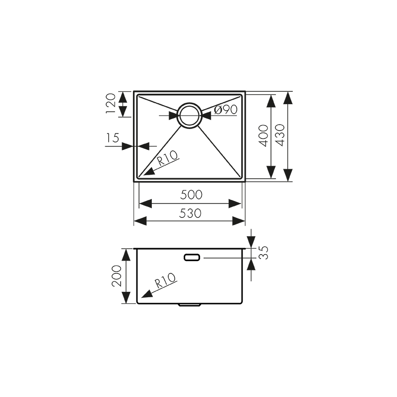 Мойка из нержавейки KAISER 530x430x200*2.0+1.2mm (воронёная сталь) /сифон