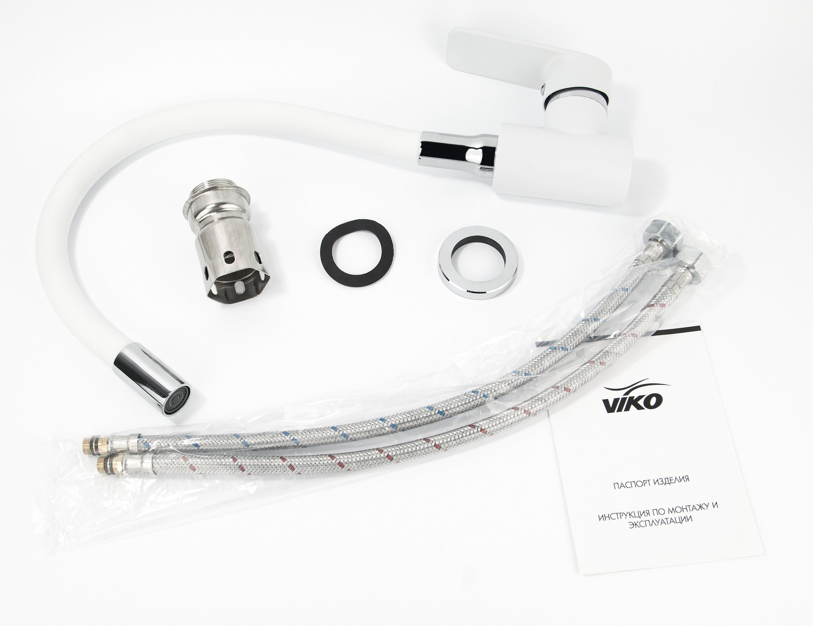 Смеситель VIKO  V-7758 для кухни, белый, хром, излив поворотный, гибкий, нержавеющая сталь