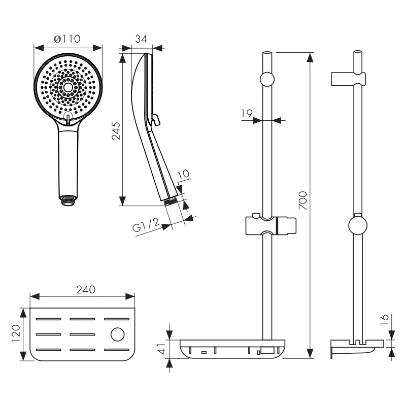Душевой гарнитур KAISER с душем 4-jet, Ø19х700, полка(пластик/белая/240х120х16мм) /Нержавейка/Хром