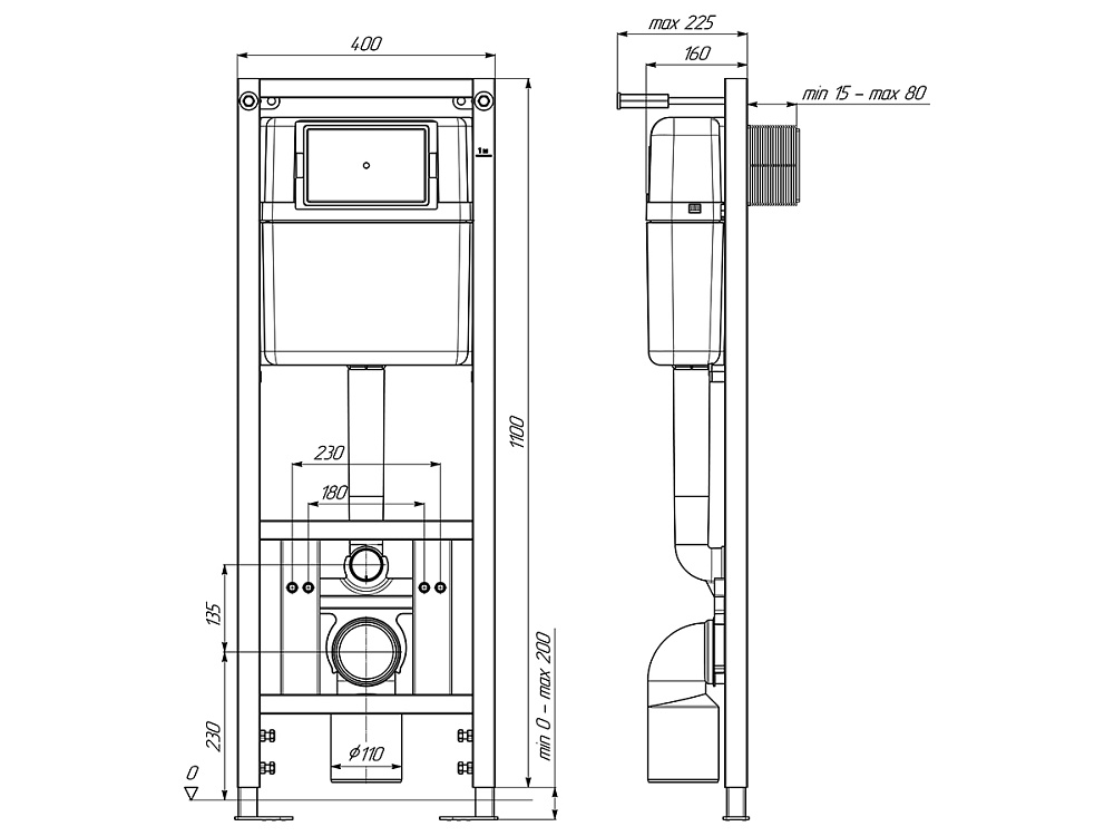 Инсталяция/Система скрытой установки унитаза АНИ с кнопкой прямоуг. (хром)