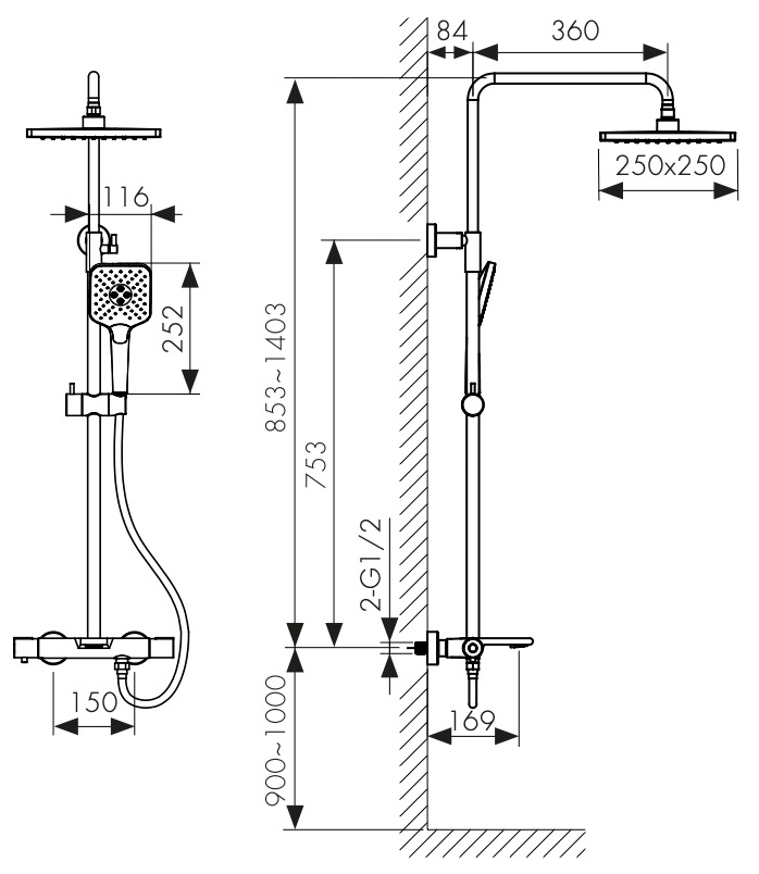 Душевая система с термостатом KAISER Serio 05382-15, воронёная сталь, латунь