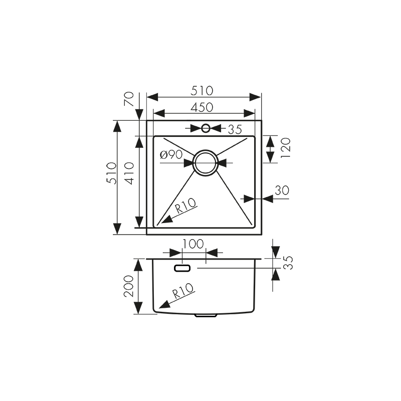Мойка из нержавейки KAISER 510x510x200*3.0+1.2mm (цвет покрытия: сталь) /сифон