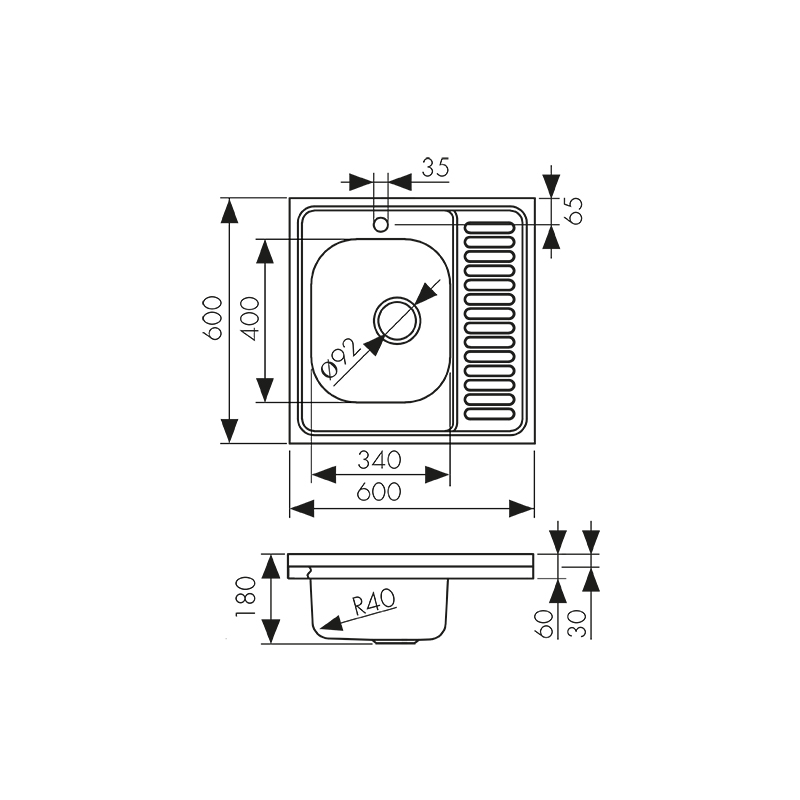 Мойка из нержавейки "KAISER" накладная 600x600*180*0.8mm хром левая/сифон