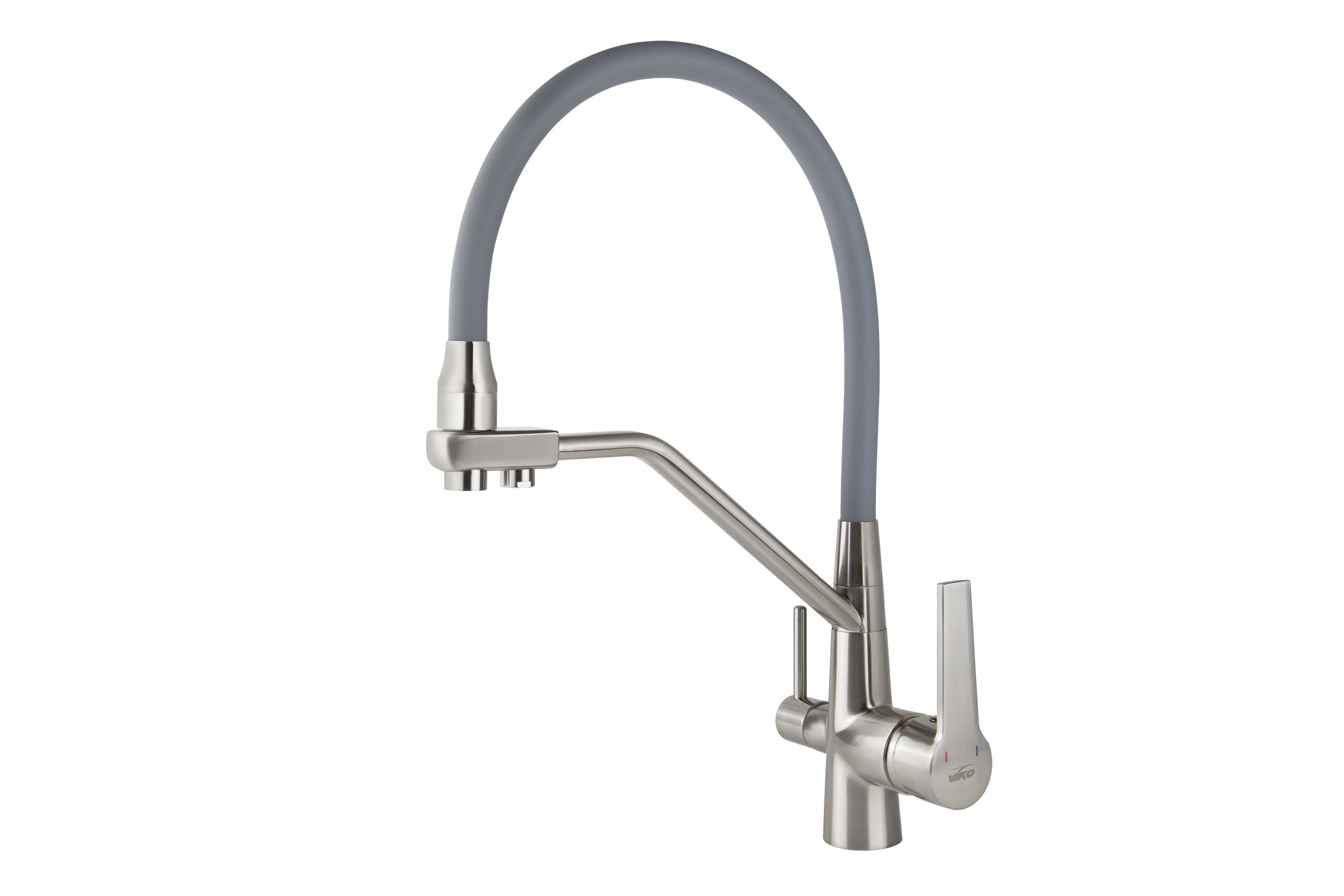 Смеситель VIKO кухня боковой  под фильтр Ø35 с гибким серым изливом, латунь, серебро