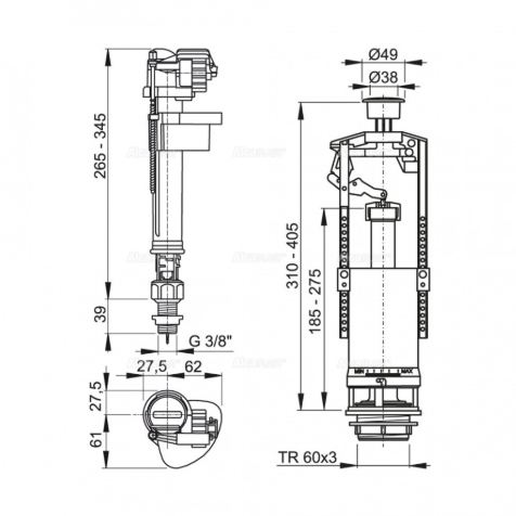 Комплект арматуры, боковой 3/8" с метал. резьбой (Alca PLAST)