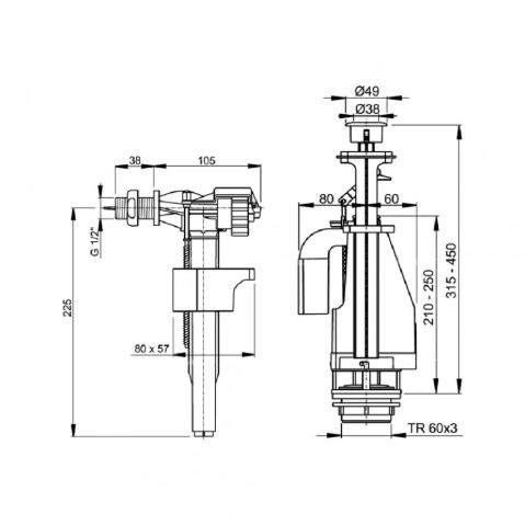 Комплект арматуры боковой 1/2" 2-ой кнопкой Пластик (A PLAST) 
