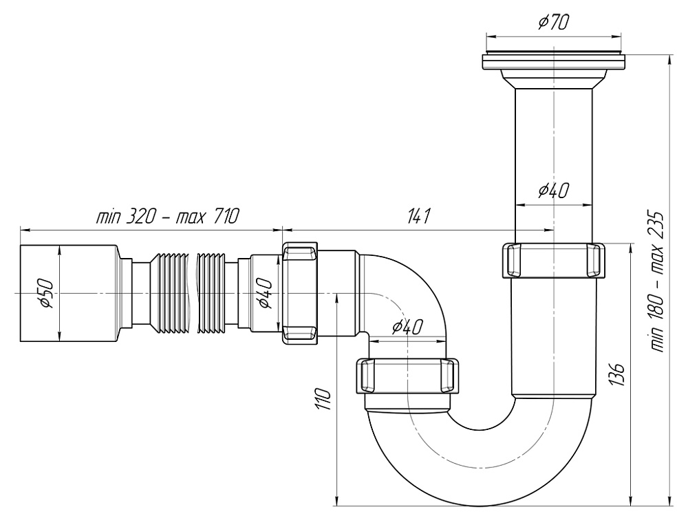  Сифон АНИ 1 1/2"*40 прямоточный с литым выпуском, с гибкой трубой 40*50