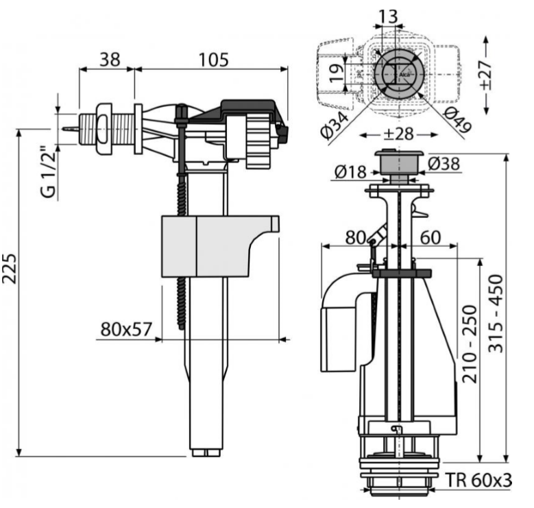Комплект арматуры боковой 1/2" 2-ой кнопкой Пластик (A PLAST) 