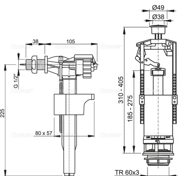 Комплект арматуры, боковой 1/2" (Alca PLAST) 