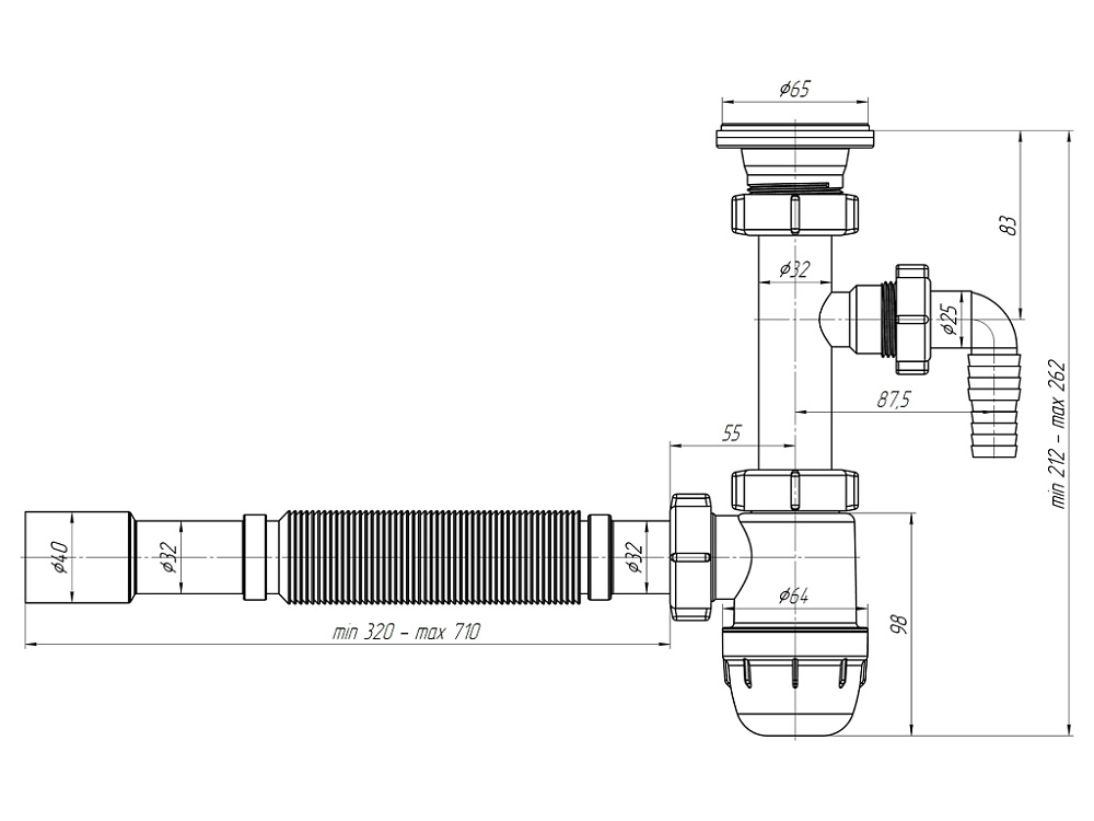 Сифон с носиком Ани 1-1/4" х 32 "Юнг" с гофрой 32*32/40 