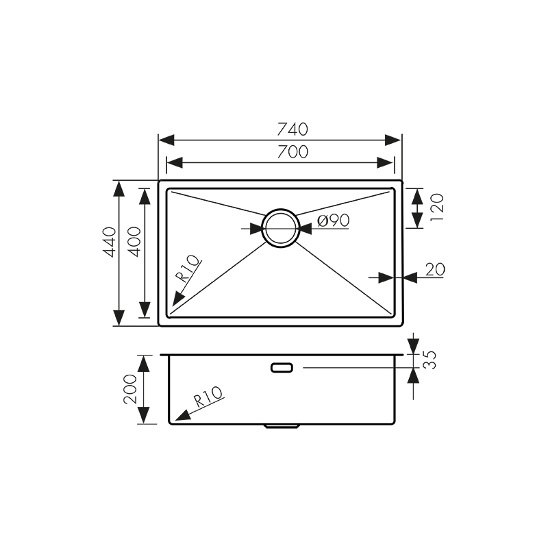 Мойка из нержавейки KAISER 740x440x200*2.0+1.2mm (цвет покрытия: сталь) /сифон