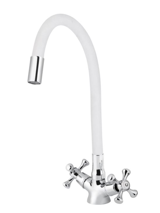 Смеситель VIKO кухня крест керамика с белым гибким изливом с гайкой 