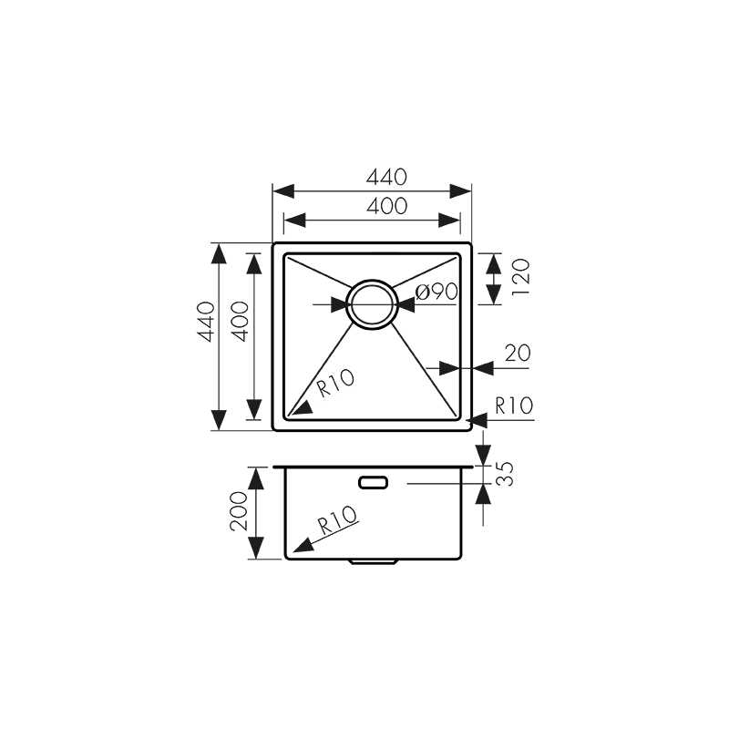 Мойка из нержавейки KAISER 440x440x200*2.0+1.2mm (цвет покрытия: сталь) /сифон