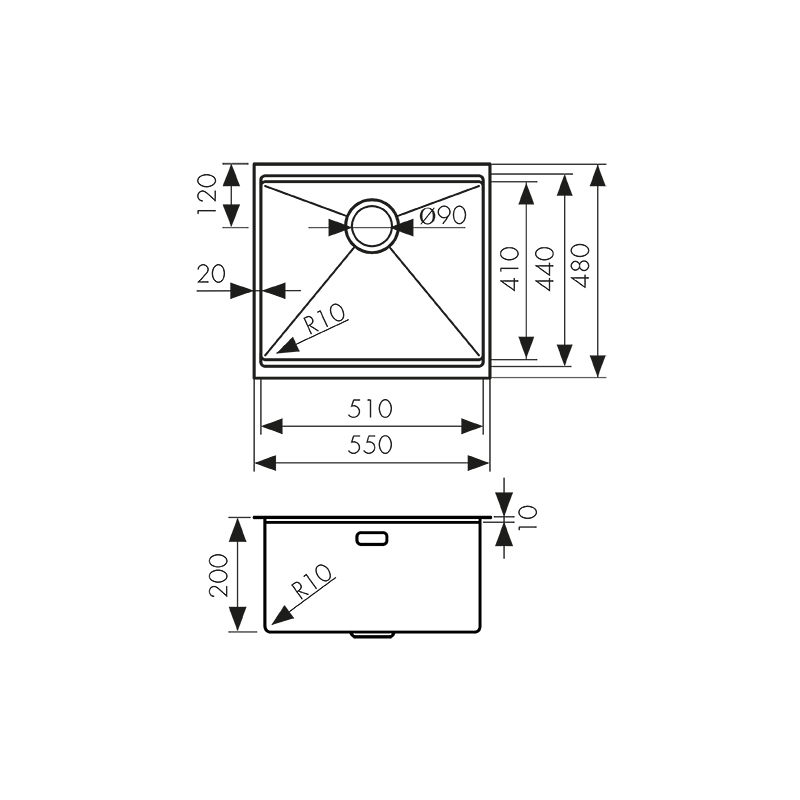 Мойка из нержавейки KAISER 550x480x200*2.0+1.2mm (цвет покрытия: сталь) /сифон