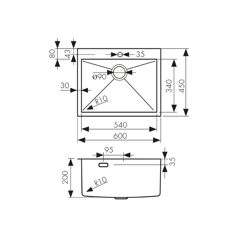 Мойка из нержавейки KAISER 600x450x200*3.0+1.2mm (воронёная сталь) / сифон