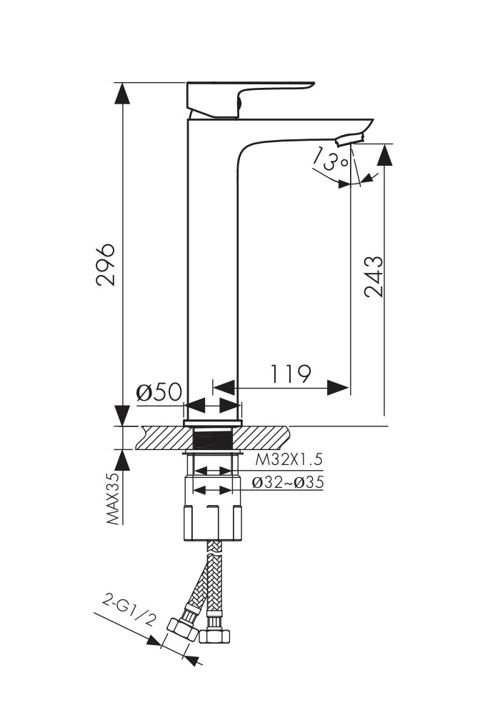 Смеситель KAISER Cezar 05111 для раковины высокий с гайкой, латунь, хром